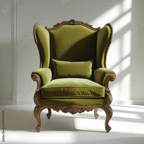 A traditional wingback armchair in olive green upholstery with classic wooden legs.