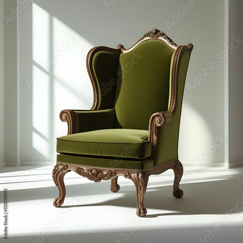 A traditional wingback armchair in olive green upholstery with classic wooden legs.