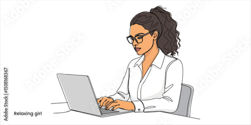 business lady working on laptop pc sitting at desk continuous single line art drawing sketch on white background 