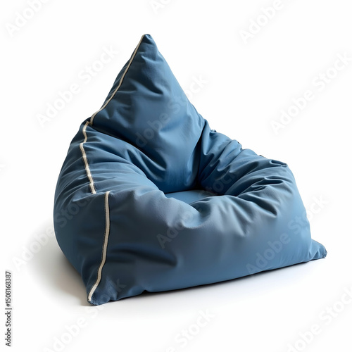 A triangular bean bag with denim cover and sturdy seams.