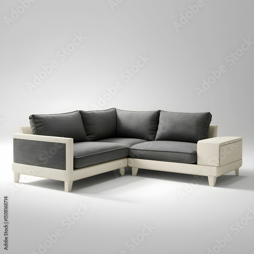 A two-tone L-shaped couch with textured fabric and a built-in side table.