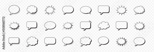 Set of 24 Speech and Thought Bubbles in Various Shapes and Designs for Comics, Manga, Graphic Novels, and Digital Artwork on Transparent Background