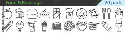 Variety of food and beverage icons in a twenty pack collection