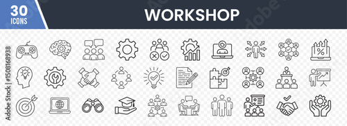 Set of 30 Workshop-Related Icons Featuring Tools, Teamwork, Education, Productivity, and Business Growth Symbols on Transparent Background for Digital and Print Use