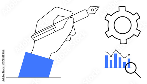 Hand holding pen, adjacent gear for optimization, bar graph with magnifying glass for data analysis. Ideal for creativity, research, analytics, innovation, problem-solving, planning simple landing