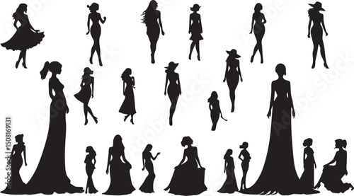  women silhouettes in diverse poses on a white background. Modern flat design aesthetic, eerie creepy atmosphere. Warm golden glow, dark tones, unsettling details, simple two-dime