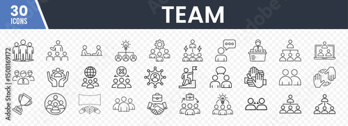 Set of 30 Teamwork and Collaboration Icons Featuring Group Dynamics, Leadership, Communication, and Organizational Structures for Business, Community, and Project Management