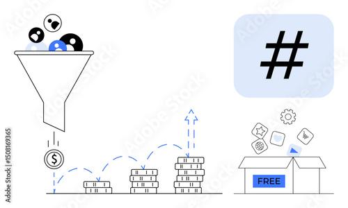 Funnel filtering audience into revenue stacks, metadata tag, free product box, icons for value. Ideal for marketing, strategy, conversion, engagement, audience branding simple landing page