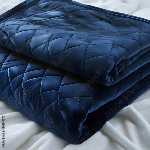 A velvet quilted throw blanket in deep navy blue with diamond stitching.