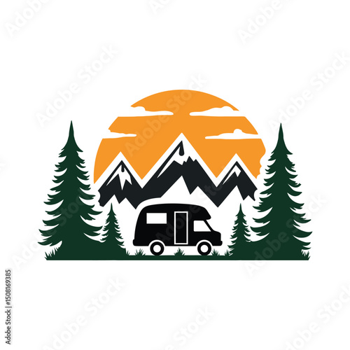 Vintage Travel Van in Nature Landscape with Mountains and Sun