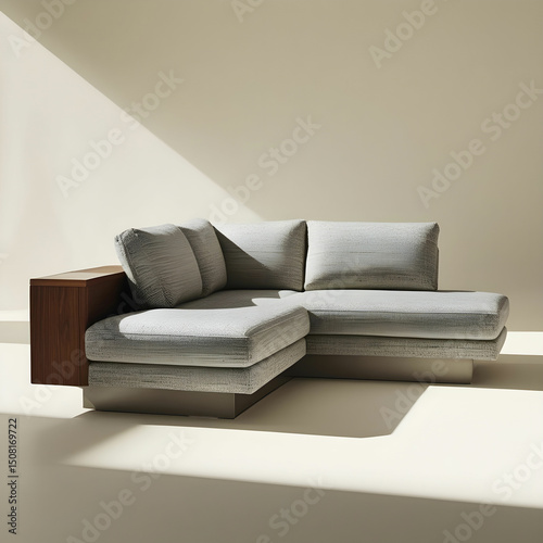 A two-tone L-shaped couch with textured fabric and a built-in side table.
