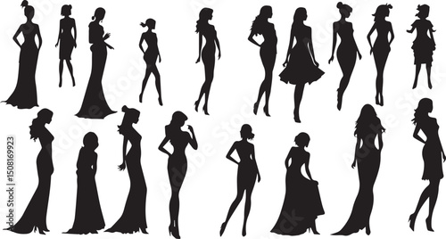  women silhouettes in diverse poses on a white background. Modern flat design aesthetic, eerie creepy atmosphere. Warm golden glow, dark tones, unsettling details, simple two-dime