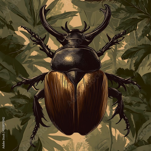 Detailed illustration of a stag beetle amongst foliage.