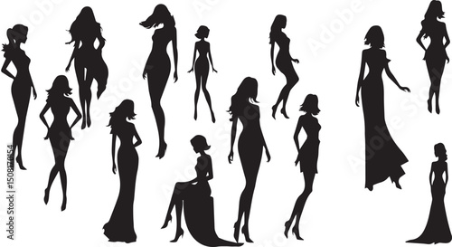 women silhouettes in diverse poses on a white background. Modern flat design aesthetic, eerie creepy atmosphere. Warm golden glow, dark tones, unsettling details, simple two-dime