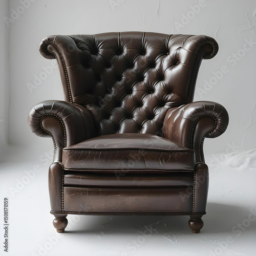 A vintage brown leather armchair with a button-tufted backrest and rolled arms.