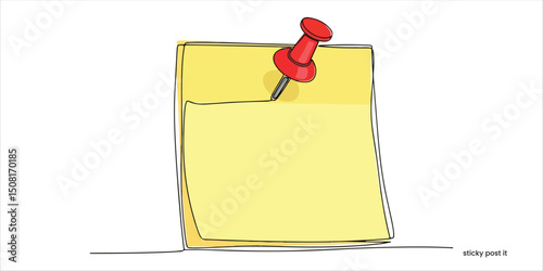 Yellow sticky post it note with red pushpin continuous single line art drawing sketch on white background