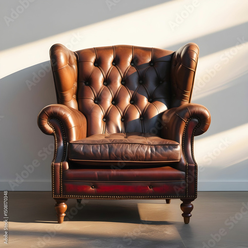 A vintage brown leather armchair with a button-tufted backrest and rolled arms.