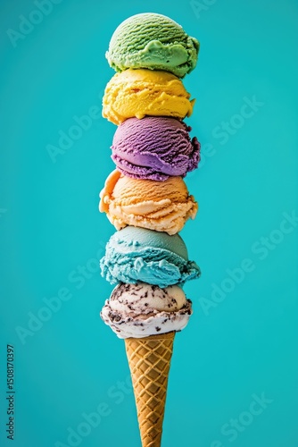 Colorful ice cream scoops stacked on a waffle cone against a vibrant teal background