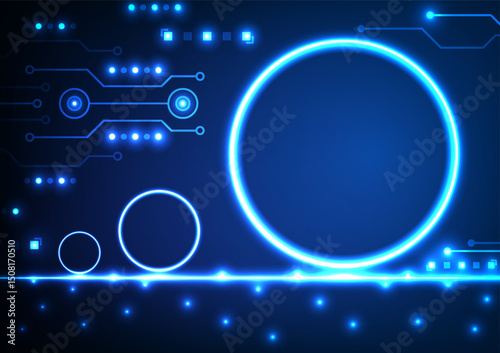 Abstract Ring neon light circuit board technology background. Design for futuristic future digital futuristic electronic data.