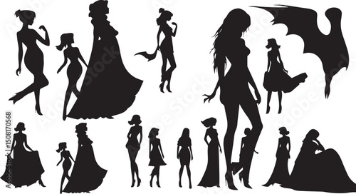  women silhouettes in diverse poses on a white background. Modern flat design aesthetic, eerie creepy atmosphere. Warm golden glow, dark tones, unsettling details, simple two-dime