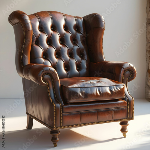 A vintage brown leather armchair with a button-tufted backrest and rolled arms.