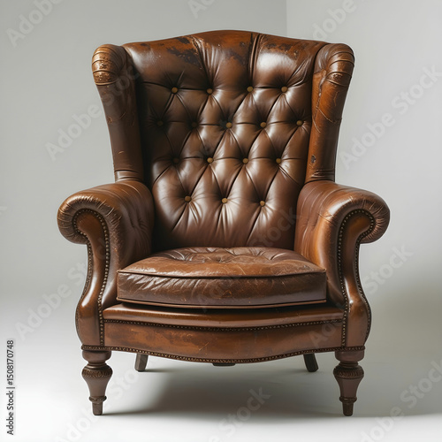 A vintage brown leather armchair with a button-tufted backrest and rolled arms.
