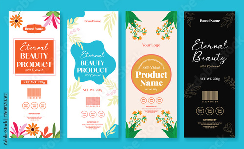 Set of vertical Products Packaging Label design for cosmetic, beauty, skin care products packaging roll up or signage banner template pack, with products details Information with floral greetings card
