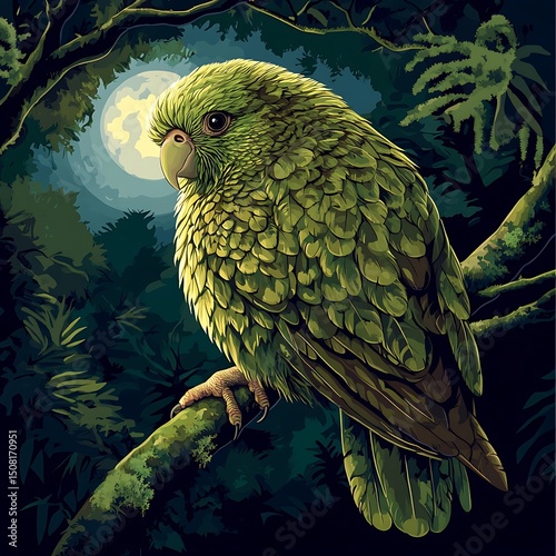 Detailed illustration of a kakapo perched on a branch at night.