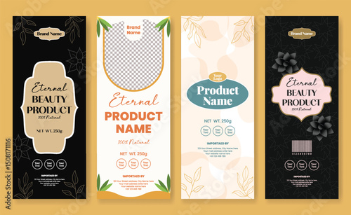 set of Modern vertical Packaging Label template for Cosmetic, skin care, wellness, beauty care banner design for advertising collections, floral invitation greetings card with organic floral banner