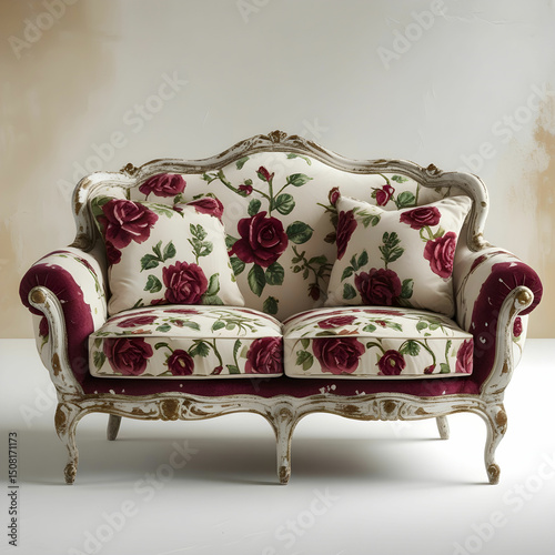 A vintage-style 2-seater love seat with curved arms and floral upholstery.