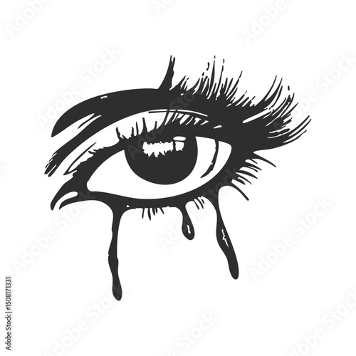 Tearful Eye With Dripping Ink Silhouette Illustration. Emotional Expression And Artistic Design Isolated Vector Illustration