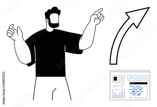 Confident individual gestures towards analytical dashboard and large upward arrow symbolizing progress. Ideal for business, analytics, growth, success, strategy, leadership, and a simple landing page