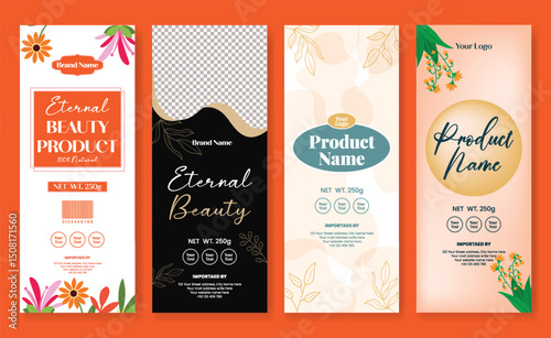 set of Cosmetic product packaging label vertical template pack, beauty care, skin care roll up banner, social media story bundle, Luxury invitation greetings card vertical banner, floral background