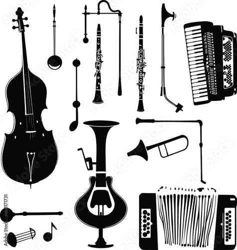  Orchestra Instruments Silhouette Collection: Black and White Vector Set