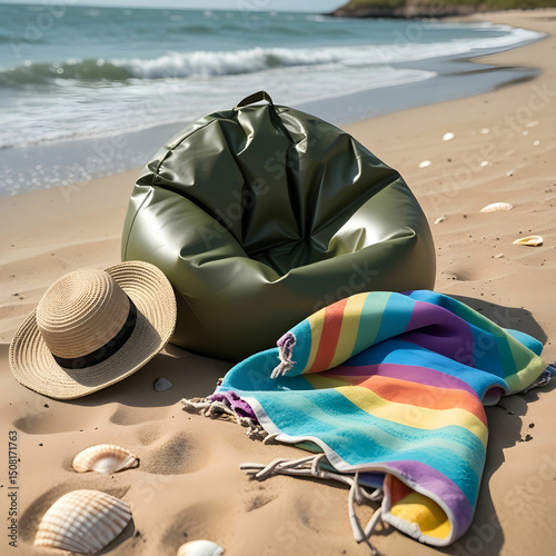 A waterproof bean bag chair in olive green on a sandy beach.