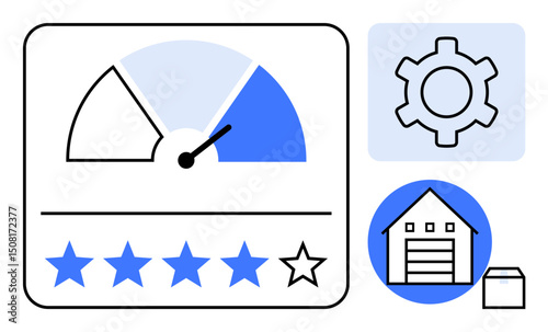 Speed gauge indicating performance, gear for settings access, and home garage representation with star rating system. Ideal for logistics, evaluation, analytics, management, productivity, real