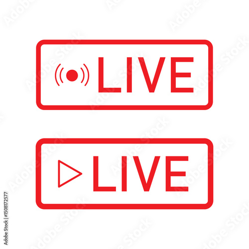 Live streaming icon. Red live buttons. Audience on live button. Social media livestream frame. Broadcasting, Online Video and Podcasts