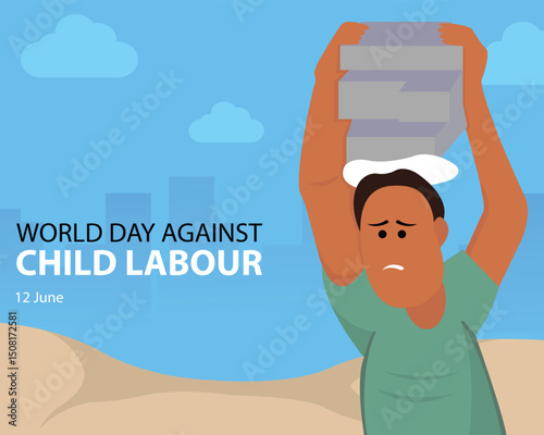 illustration vector graphic of a child working to lift bricks, perfect for international day, world day against child labour, celebrate, greeting card, etc.