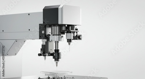 Close-up of a precision manufacturing machine with two heads, light gray and black components, and a clear work surface