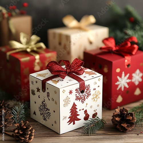 Festive christmas gift boxes arranged on a wooden surface.