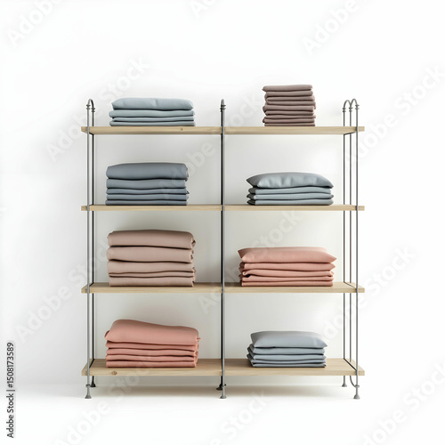 A textile gondola shelf showcasing neatly folded shirts.