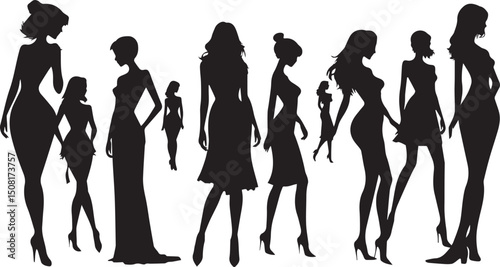  women silhouettes in diverse poses on a white background. Modern flat design aesthetic, eerie creepy atmosphere. Warm golden glow, dark tones, unsettling details, simple two-dime