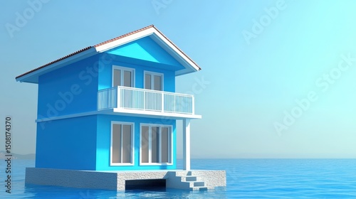 A serene blue house on stilts overlooking a calm sea under a clear blue sky