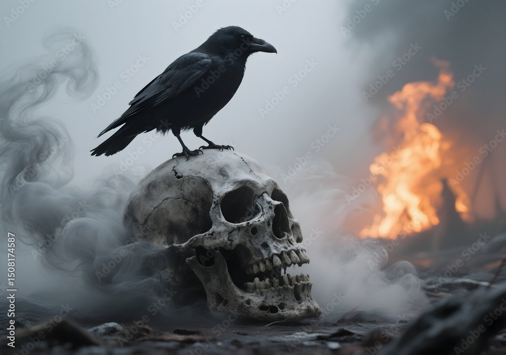 Fototapeta premium Raven Perched on Skull Amidst Fire and Smoke.