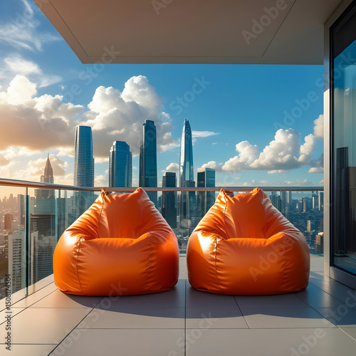 Two bright orange bean bags on a balcony with city skyline views and a glass railing.