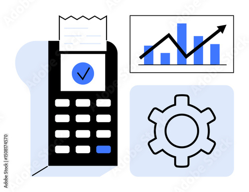 Payment terminal prints receipt, bar chart shows growth trend, and gear represents optimization. Ideal for finance, analysis, ecommerce, strategy, technology, business growth simple landing page