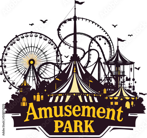 Thrilling Amusement Park Scene: Silhouette of Rides, Tents, and Ferris Wheel with Bold Text