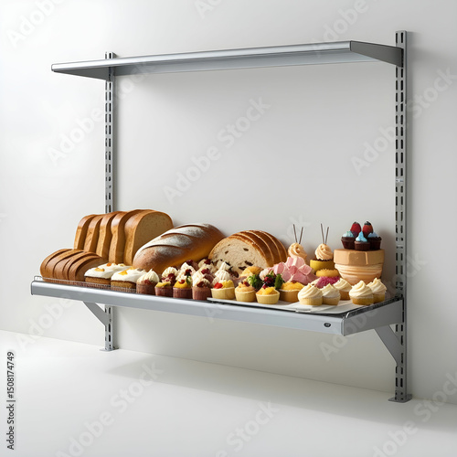 A two-sided adjustable gondola shelf displaying bakery items.