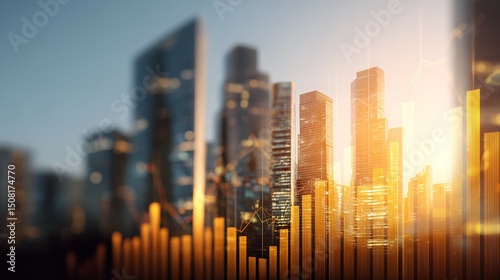 Golden Skyline Cityscape Representing Growth, Financial Success, Business Prosperity, Urban Development, Economic Boom, Modern Metropolis, Wealth Visualization, Sunset Lighting