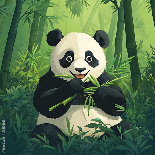 Panda enjoying bamboo in a lush forest.